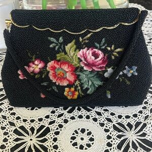 Vintage black Beaded Evening Bag Clutch with florals on front. Hong Kong EUC